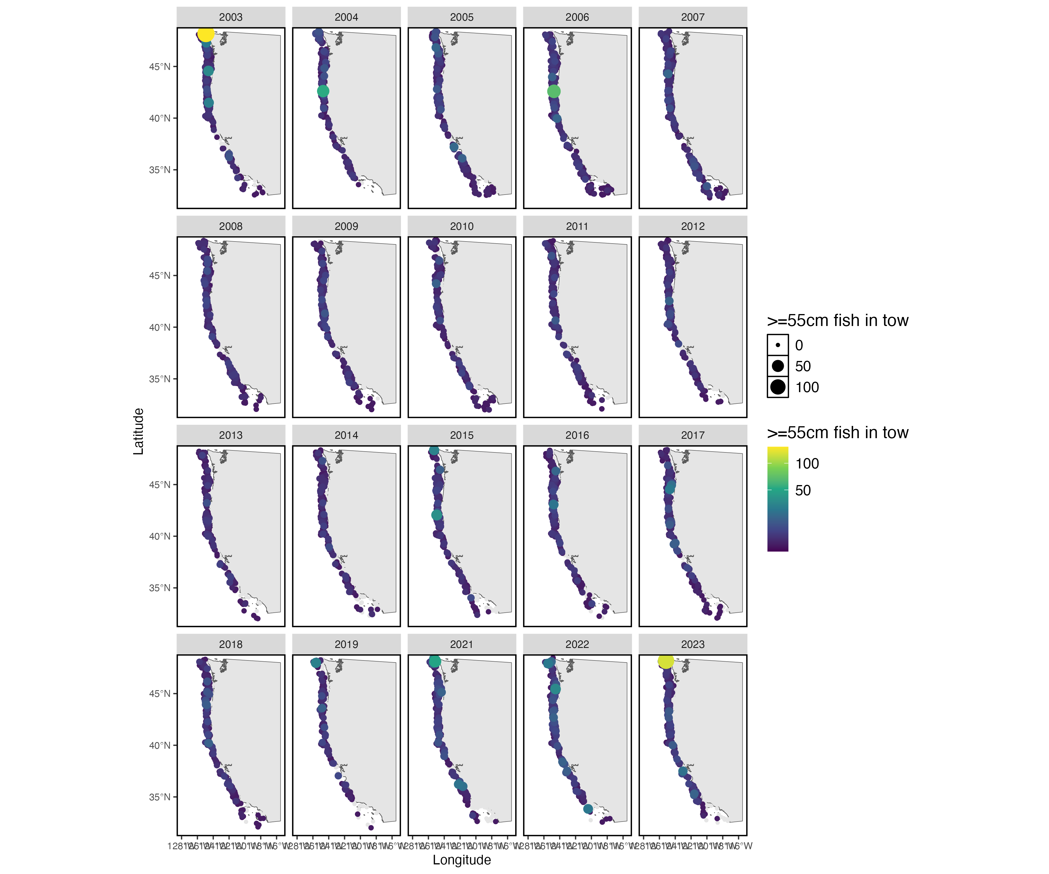 Sablefish >= 55 cm caught by the WCGBTS, based on the expansion of sampled age/length compositions to the full catch of each tow. 55 cm is the L50 for this species.
