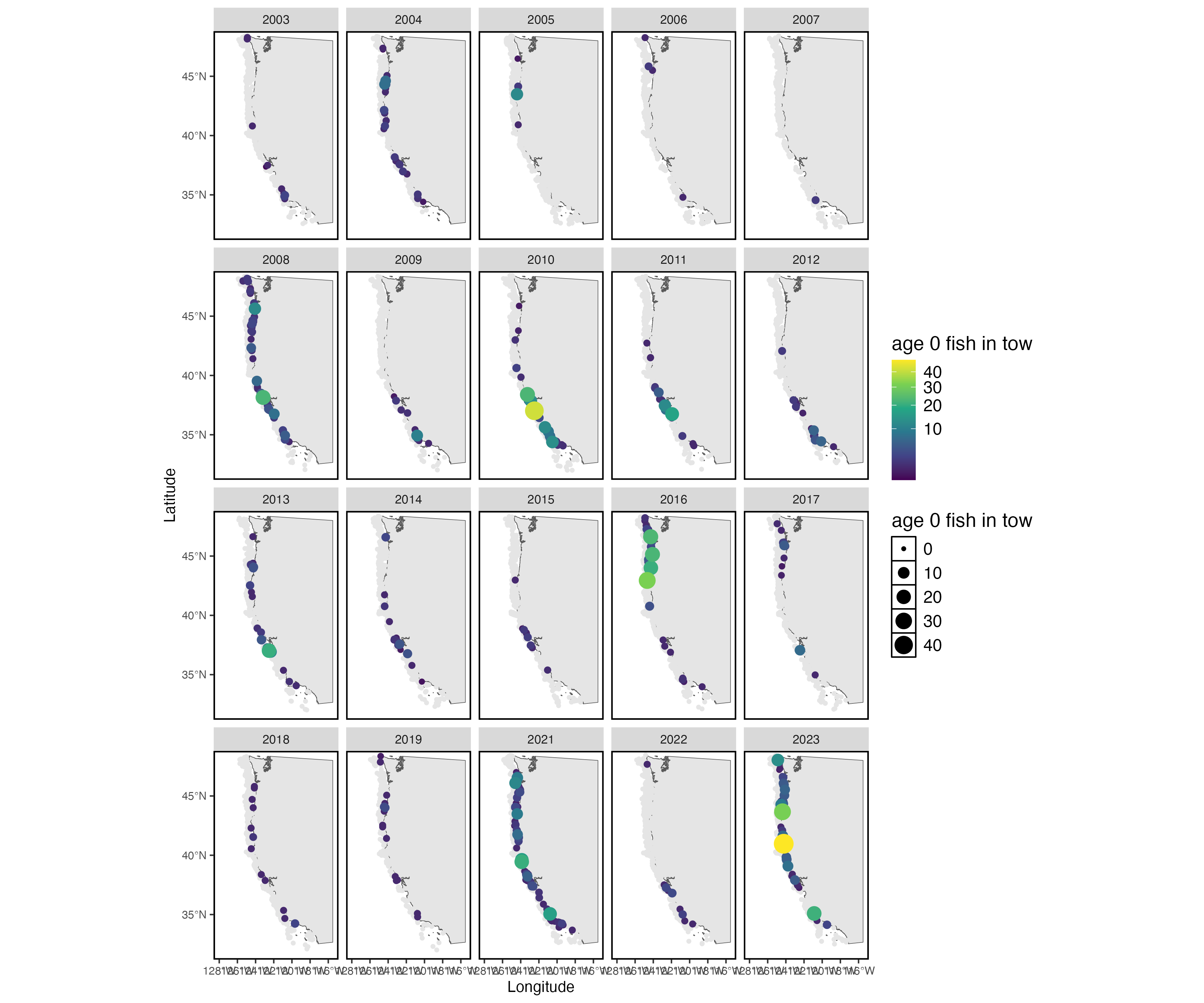 Age-0 Sablefish caught by the WCGBTS, based on the expansion of sampled age/length compositions to the full catch of each tow.