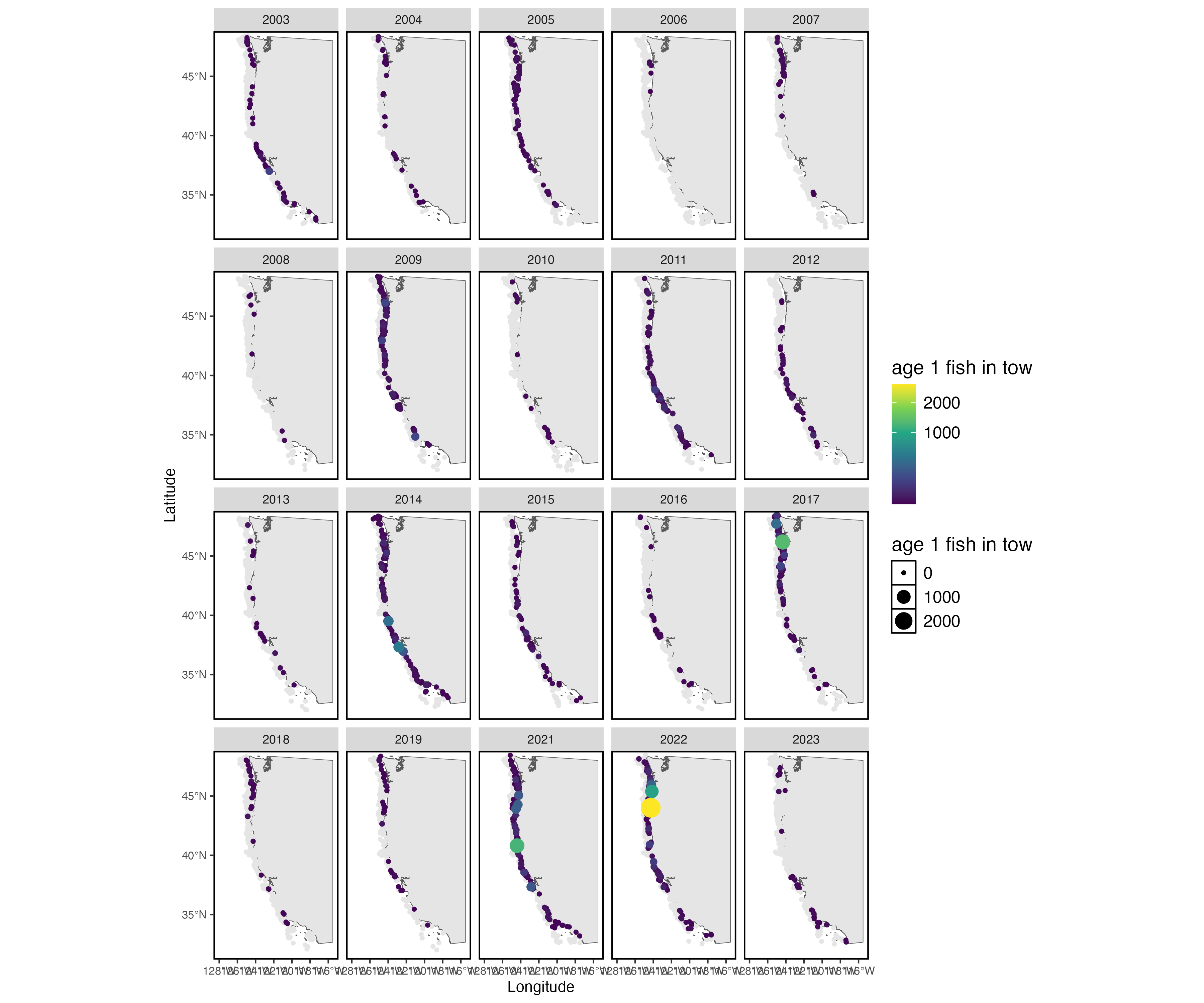 Age-1 Sablefish caught by the WCGBTS, based on the expansion of sampled age/length compositions to the full catch of each tow.